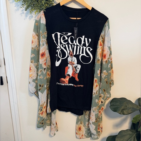 Handmade Tops - Custom Teddy Swims Concert Tee with Floral Kimono Sleeves
